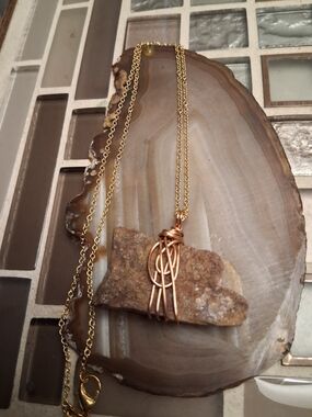 Artisan Copper Wire Wrapped Brown Stone Necklace with Gold Chain